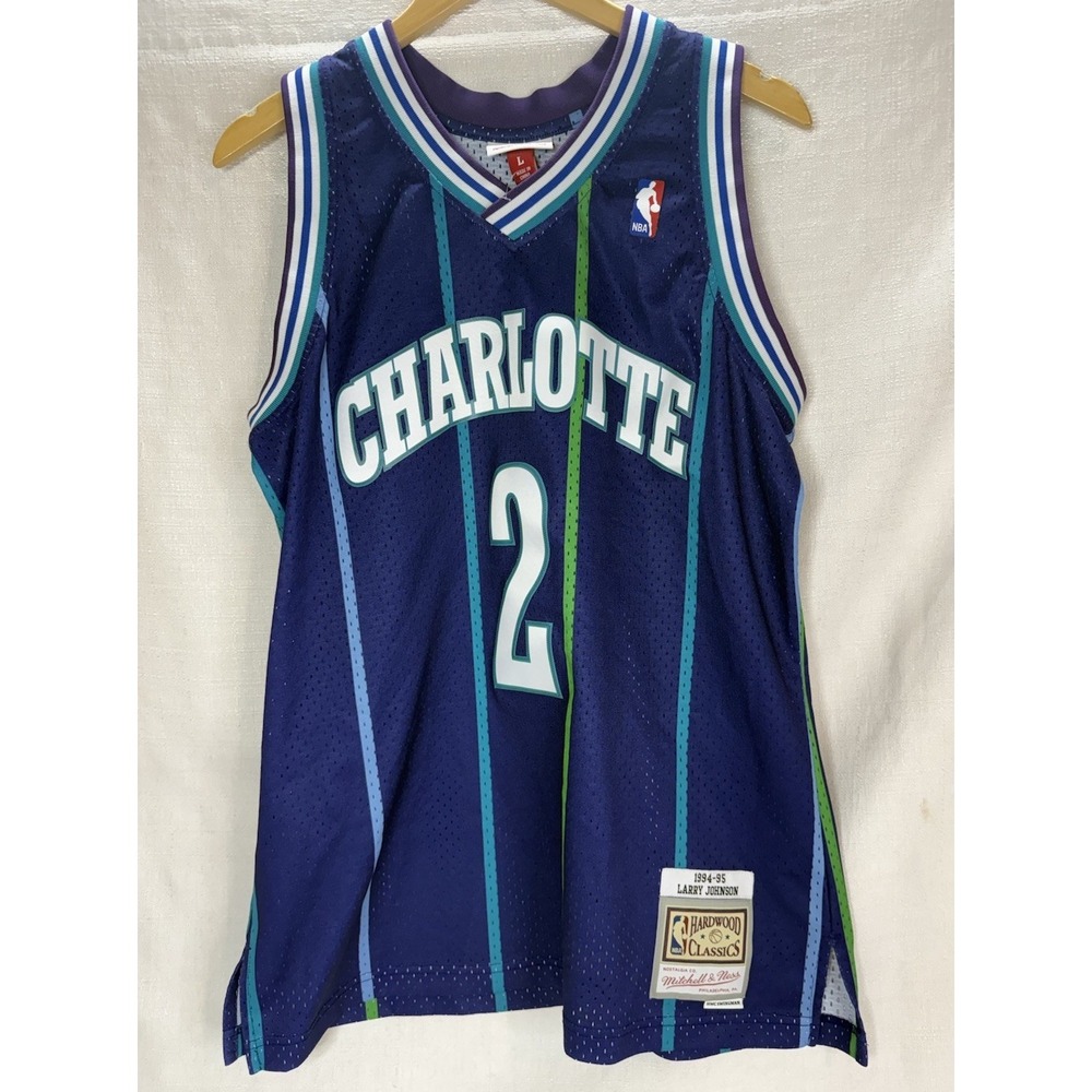 Mitchell & Ness Larry Johnson Charlotte Hornets Purple Mens Size Large Swingman